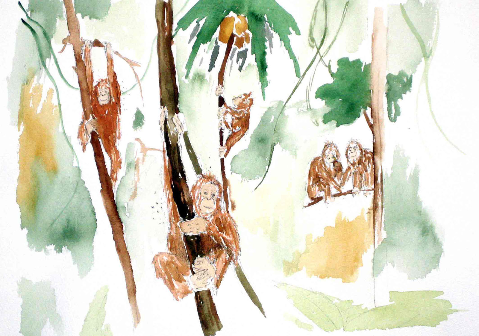 aquarell on paper monkeys hanging in trees